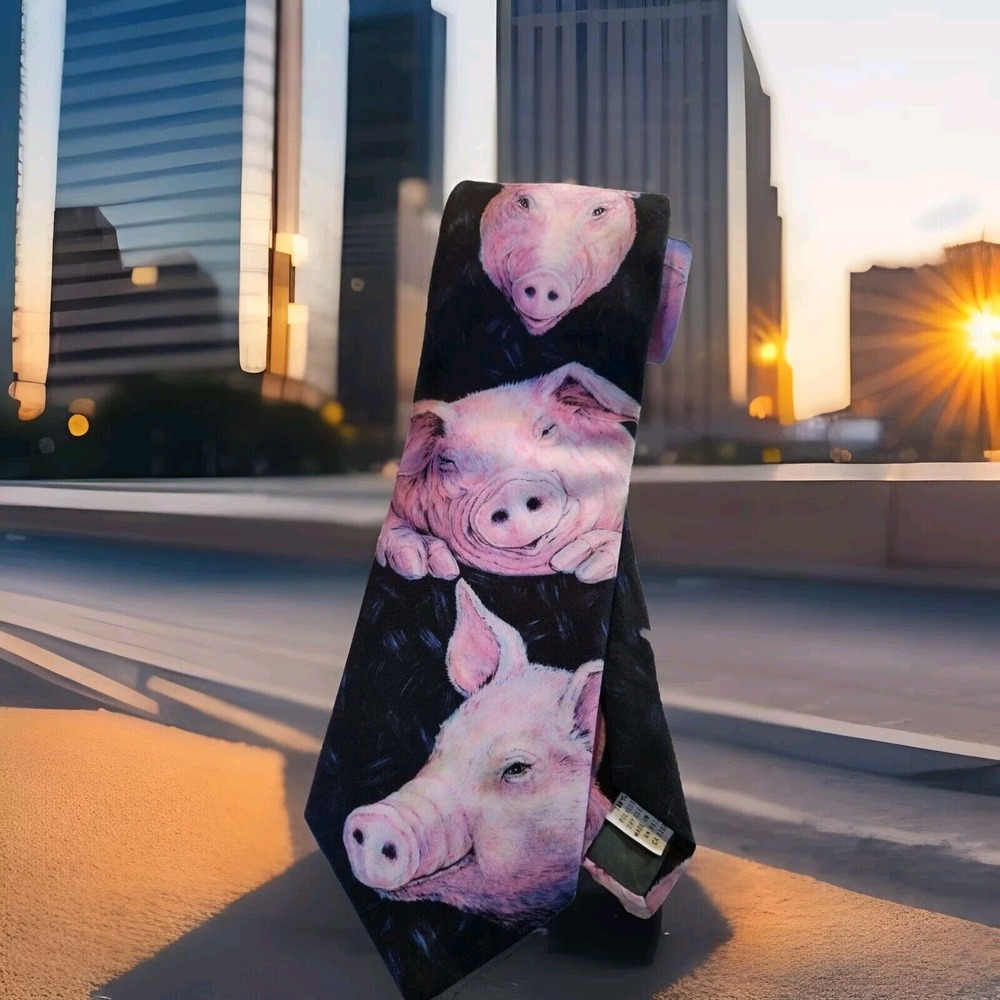 Ralph Marlin Pink‎ Pig Black Novelty Tie 1139